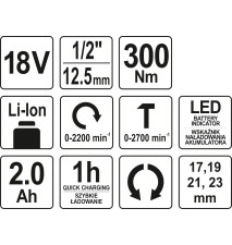 KLUCZ UDAROWY 18V 1/2'' 300NM 2.0AH - YT-82804