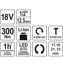 KLUCZ UDAROWY 18V 1/2'' 300NM, BEZ AKUMULATORA - YT-82805